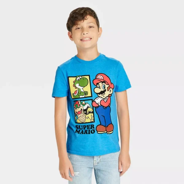 Camiseta de manga corta con estampado de Mario, Yoshi y Bowser para niños talla XL -Super Mario